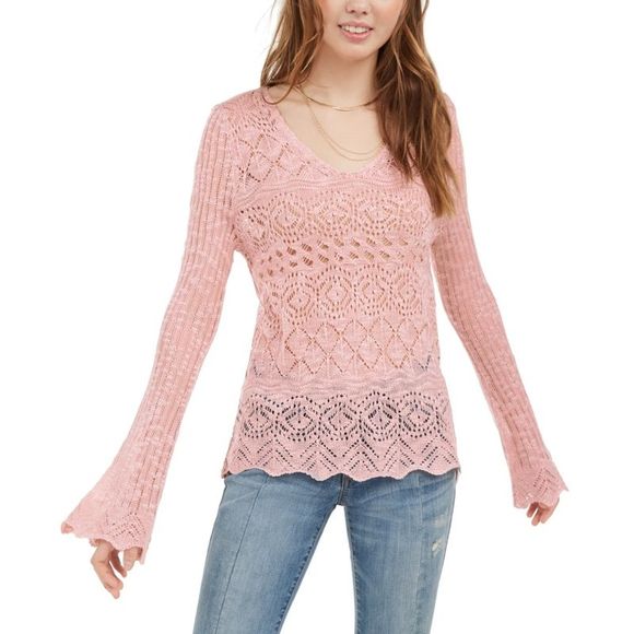 American Rag Sweaters - American Rag Junior's Pointelle Knit Flared Sleeve Sweater Pink Size XL